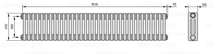 Схема (чертеж) Радиатор Zehnder Charleston 3037/33 №1270 Белый глянцевый RAL 9016